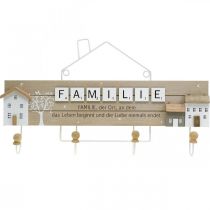 Artikel Garderobe Familie, Wandhaken mit Haus, Holzdeko mit Metallhaken Natur, Weiß L45cm