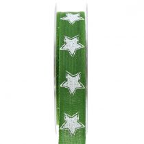 Weihnachtsband Leinoptik mit Stern Grün 25mm 15m
