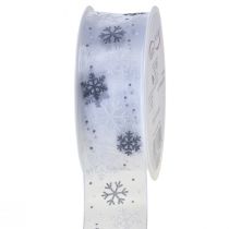 Weihnachtsband Organza Schneeflocken Weiß Grau 40mm 15m