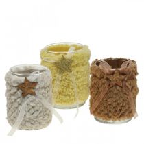 Weihnachtsdeko Windlicht Glas Kunstfell H12cm Ø9,5cm 3St