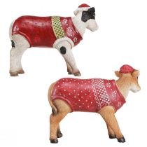 Artikel Weihnachtskuh Dekofigur L15,5cm mit Strickmütze und Festlichem Outfit in Weiß und Braun, 2er-Set