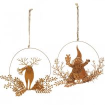 Artikel Dekoring für Weihnachten, Rentier im Ring, Weihnachtsmann mit Geschenk, Metalldeko Edelrost Ø18cm 2er-Set
