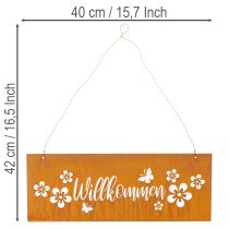 Artikel Willkommensschild Metallschild Edelrost Blumen 40x15cm