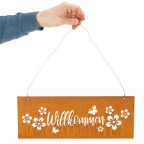 Artikel Willkommensschild Metallschild Edelrost Blumen 40x15cm