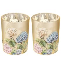 Artikel Windlicht Glas 12,5cm mit Hydrangea-Motiv und goldener Innenfläche