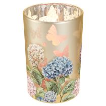 Artikel Teelichthalter Glas mit Blütenmotiv und verspiegelter Oberfläche 18 cm