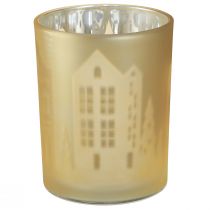 Artikel Windlicht "City Glow" Glas gold-silber Stadtsilhouette festlich H12,5cm Set 4