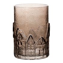 Artikel Windlicht Glas mit Häuser-Relief 23cm Transparent Braun