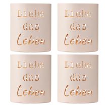 Artikel Windlicht Metall „Liebe das Leben“ Beige Gold Ø9cm H10cm 4er Set