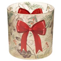 Artikel Windlicht Glas 15cm mit roter Schleife und Winterzweigen
