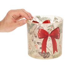 Artikel Windlicht Glas 15cm mit roter Schleife und Winterzweigen