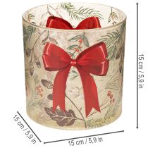 Artikel Windlicht Glas 15cm mit roter Schleife und Winterzweigen
