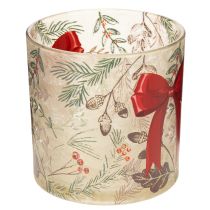 Artikel Windlicht Glas 15cm mit roter Schleife und Winterzweigen