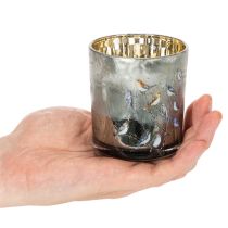 Artikel Windlicht Glas 8cm mit Vogel- und Schneeflocken-Motiv, goldfarbene Innenseite, 2-teiliges Set, für Innenbereich