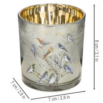 Artikel Windlicht Glas 8cm mit Vogel- und Schneeflocken-Motiv, goldfarbene Innenseite, 2-teiliges Set, für Innenbereich