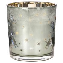 Artikel Windlicht Glas 8cm mit Vogel- und Schneeflocken-Motiv, goldfarbene Innenseite, 2-teiliges Set, für Innenbereich