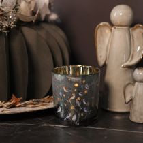 Artikel Windlicht Glas 8cm mit Vogel- und Schneeflocken-Motiv, goldfarbene Innenseite, 2-teiliges Set, für Innenbereich