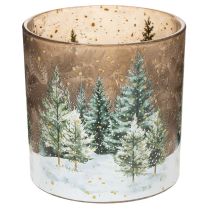 Artikel Teelichthalter aus Glas mit Tannen-Motiv, 15 cm, mehrfarbig