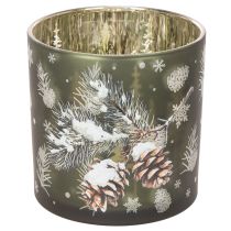 Artikel Windlicht Glas Grün mit Tannenzapfen und Schneeflockenmotiv 15cm