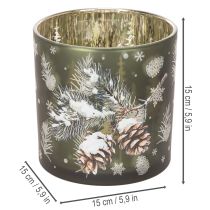 Artikel Windlicht Glas Grün mit Tannenzapfen und Schneeflockenmotiv 15cm