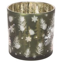 Artikel Windlicht Glas Grün mit Tannenzapfen und Schneeflockenmotiv 15cm