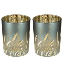 Artikel Glas Windlicht mit Gräsermotiv Blau Gold 12,5 cm 2er-Set für stimmungsvolle Deko
