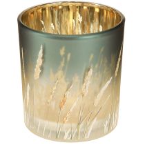 Artikel Deko Windlicht aus Glas im Gräserdesign in Blau mit Gold für stimmungsvolle Teelichtdekoration  8 cm, 4er-Set
