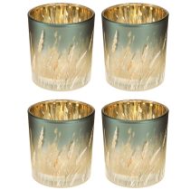Artikel Deko Windlicht aus Glas im Gräserdesign in Blau mit Gold für stimmungsvolle Teelichtdekoration 8 cm, 4er-Set