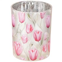 Artikel Windlicht Glas Tulpenmotiv 12,5cm Rosa Weiß, 2er-Set, Frühlingsdekoration