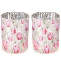 Artikel Windlicht Glas Tulpenmotiv 12,5cm Rosa Weiß, 2er-Set, Frühlingsdekoration