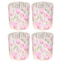 Artikel Deko Windlichter aus Glas mit rosa Tulpenmotiv im 4er Set – Perfekt für frühlingshafte Akzente