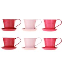 Artikel Deko-Tassen aus Metall mit Untersetzern für kreative Bepflanzung, Set à 6 Stück, rosa, 11 cm