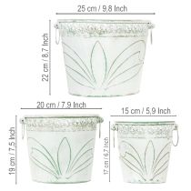 Artikel Blech-Kübel mit Prägung, Pflanzgefäß mit Henkeln Weiß, Grün Shabby Chic H22/19,5/17,5cm Ø25,5/20,5/15,5cm 3er-Set