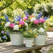 Artikel Blech-Kübel mit Prägung, Pflanzgefäß mit Henkeln Weiß, Grün Shabby Chic H22/19,5/17,5cm Ø25,5/20,5/15,5cm 3er-Set