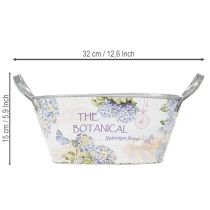 Artikel Blumenschale mit Griffen oval Metall Hortensien 32×15×15cm