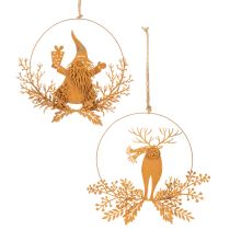 Artikel Dekoring für Weihnachten, Rentier im Ring, Weihnachtsmann mit Geschenk, Metalldeko Edelrost Ø18cm 2er-Set