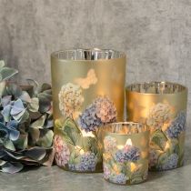 Artikel Windlicht Glas 12,5cm mit Hydrangea-Motiv und goldener Innenfläche