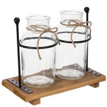 Artikel Flaschenvase Glas Holz Vintage Retro Deko Tischdekoration 23x12x19,5cm
