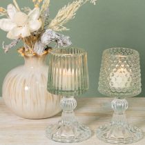 Artikel Elegante Glas-Teelichthalter mit Fuß im 2er-Set – dekorative Punkte & Rillen, Höhe 15 cm