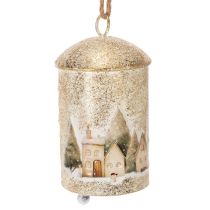 Artikel Metall-Weihnachtsglocke mit Winterdorf-Motiv, 20 cm hoch, Weiß-Gold, dekoratives Aufhängen