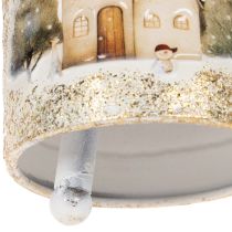 Artikel Metall-Weihnachtsglocke mit Winterdorf-Motiv, 20 cm hoch, Weiß-Gold, dekoratives Aufhängen