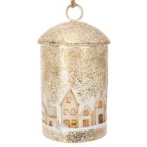 Artikel Metall-Weihnachtsglocke mit Winterdorf-Motiv, 20 cm hoch, Weiß-Gold, dekoratives Aufhängen