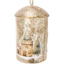 Artikel Metall-Weihnachtsglocke mit Winterdorf-Motiv, 20 cm hoch, Weiß-Gold, dekoratives Aufhängen