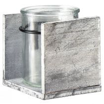 Artikel Teelichthalter aus Glas mit Holzrahmen – Grau-Weiß, 10x9x10cm