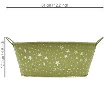 Artikel Metallschale oval Sterne und Griffe Grün 31×16cm H12,5cm