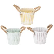 Artikel Pflanzeimer, Metalltopf mit Henkeln, Dekogefäß zum Bepflanzen Rosa/Grün/Gelb Shabby Chic Ø12cm H10cm 3er-Set