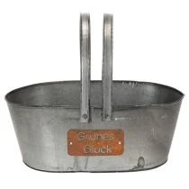 Artikel Pflanzkorb “Grünes Glück”, Metalldeko zum Bepflanzen, Gartendeko Silbern, Edelrost L40cm H15cm