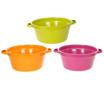 Artikel Pflanzschalen Set 25cm aus Blech mit Henkel in Rosa, Orange und Grün für Frühlingsdekoration