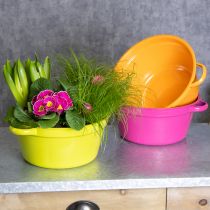 Artikel Pflanzschalen Set 25cm aus Blech mit Henkel in Rosa, Orange und Grün für Frühlingsdekoration