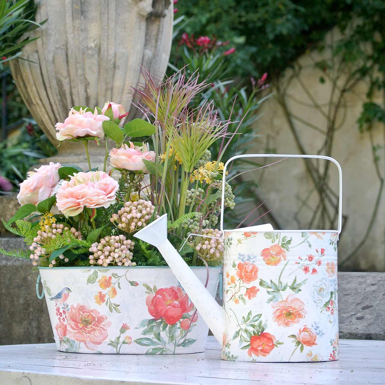 Floristik21.de Deko Gießkanne Metall Vintage Rosen Sommerdeko Garten